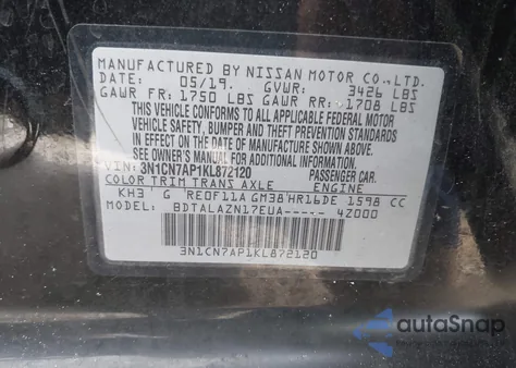 2019 Nissan Versa 1.6 S+ из США, поврежденный, VIN 3N1CN7AP1KL872120